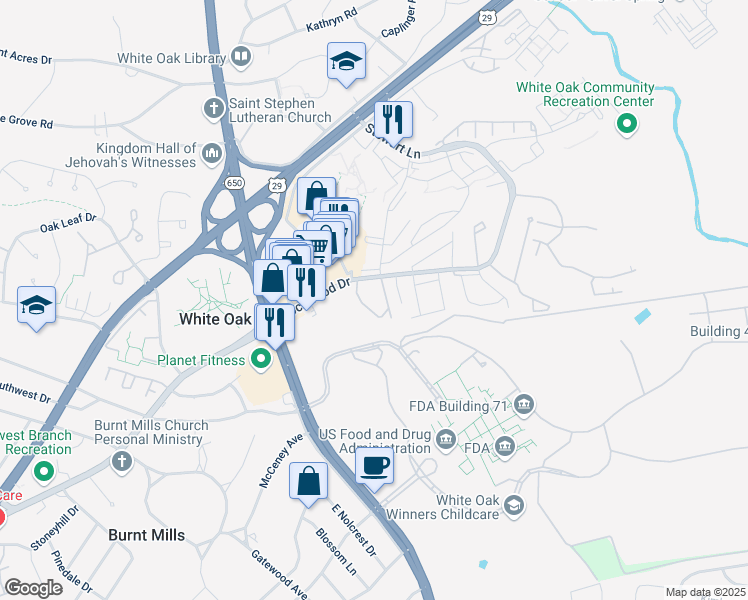 map of restaurants, bars, coffee shops, grocery stores, and more near 11439 Lockwood Drive in Silver Spring