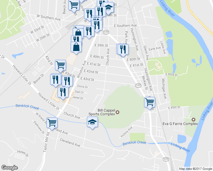 map of restaurants, bars, coffee shops, grocery stores, and more near 4312 Church Street in Covington