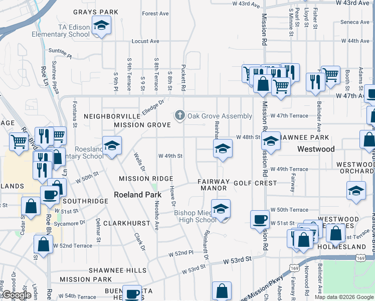 map of restaurants, bars, coffee shops, grocery stores, and more near 4820 Pawnee Drive in Roeland Park