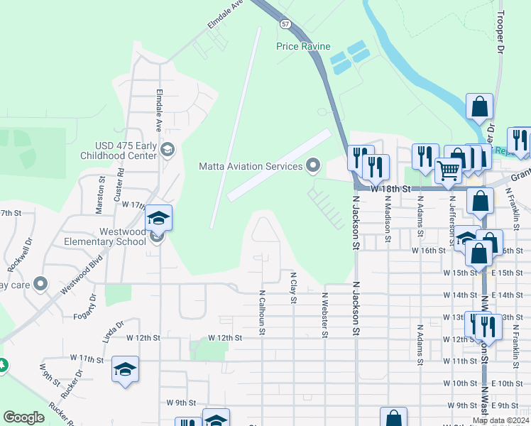map of restaurants, bars, coffee shops, grocery stores, and more near 1733 14th Street Place in Junction City