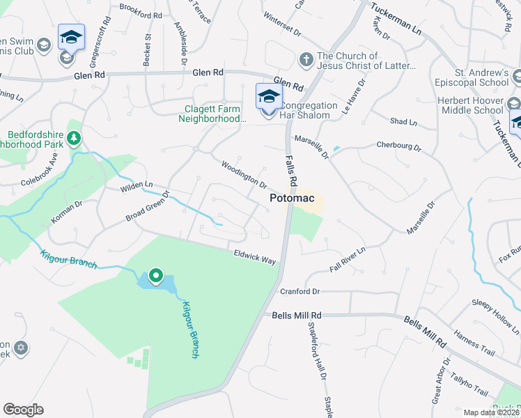 map of restaurants, bars, coffee shops, grocery stores, and more near 9408 Sunnyfield Court in Potomac