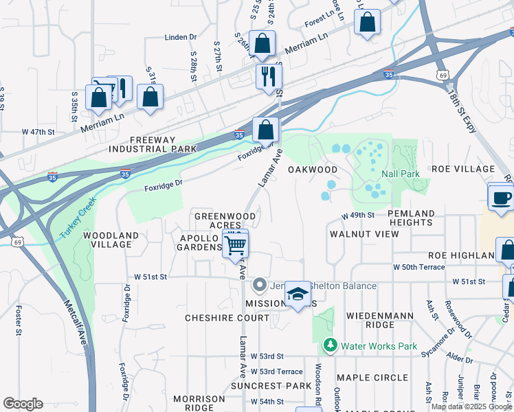 map of restaurants, bars, coffee shops, grocery stores, and more near 4805 Horton Street in Mission