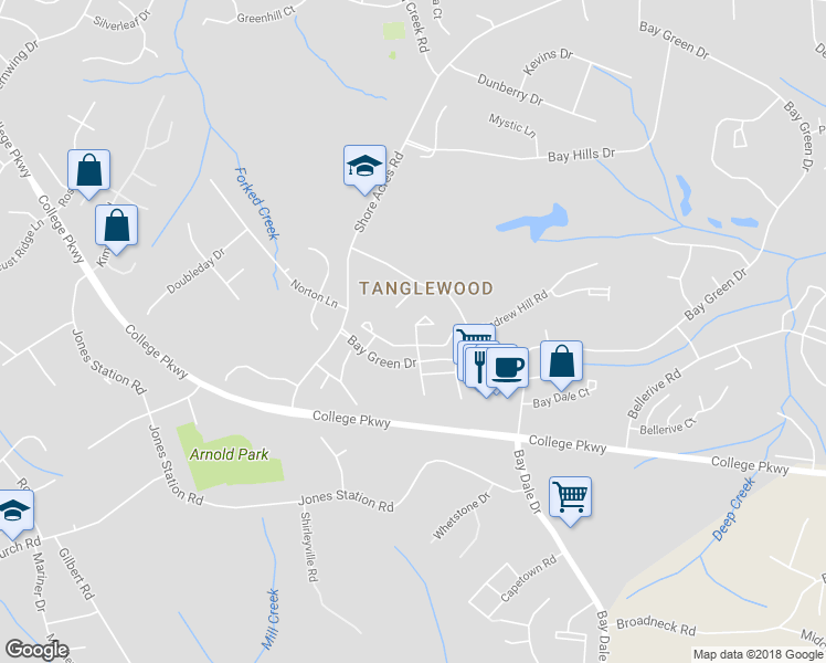 map of restaurants, bars, coffee shops, grocery stores, and more near 1222 Brunswick Ct in Arnold