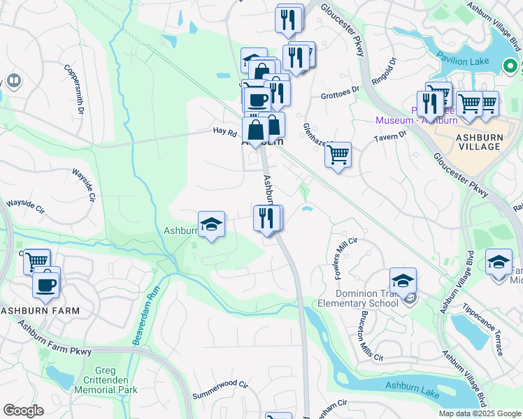 map of restaurants, bars, coffee shops, grocery stores, and more near 20889 Ashburn Road in Ashburn