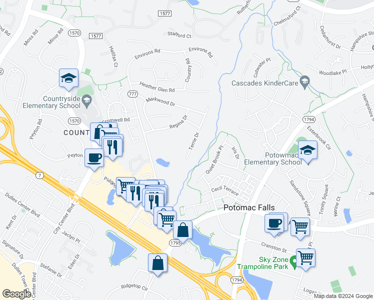 map of restaurants, bars, coffee shops, grocery stores, and more near 277 Terrie Drive in Sterling