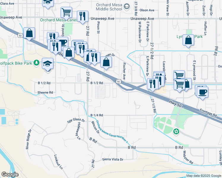 map of restaurants, bars, coffee shops, grocery stores, and more near 2713 B 1/2 Road in Grand Junction