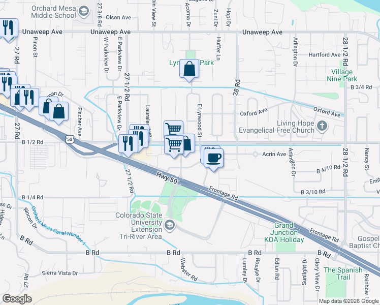 map of restaurants, bars, coffee shops, grocery stores, and more near 249 East Lynwood Street in Grand Junction