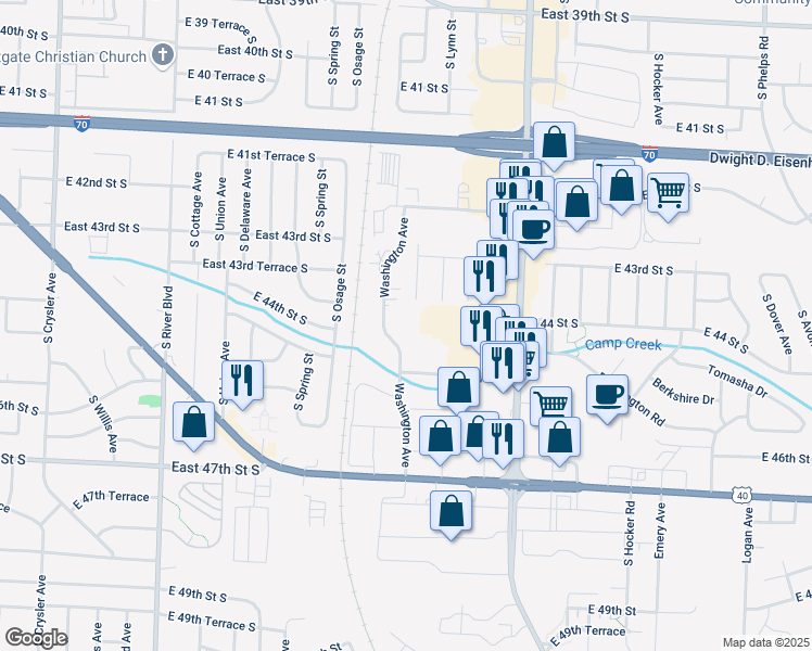 map of restaurants, bars, coffee shops, grocery stores, and more near 4405 Washington Avenue in Independence
