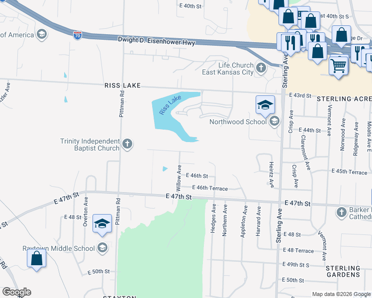 map of restaurants, bars, coffee shops, grocery stores, and more near 10502 East 45th Terrace in Kansas City
