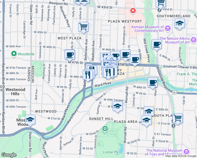 map of restaurants, bars, coffee shops, grocery stores, and more near 803 West 48th Street in Kansas City