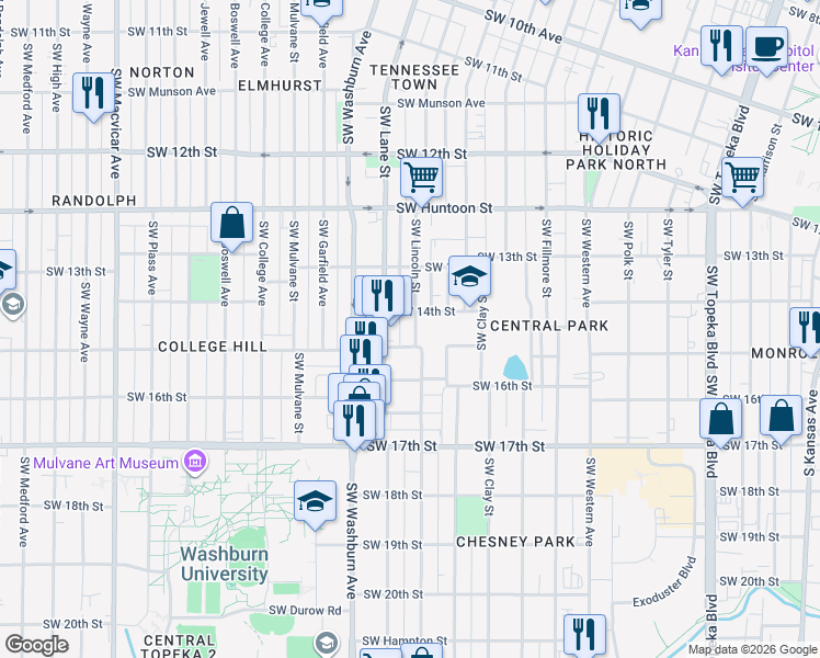 map of restaurants, bars, coffee shops, grocery stores, and more near 1411 Southwest Lincoln Street in Topeka