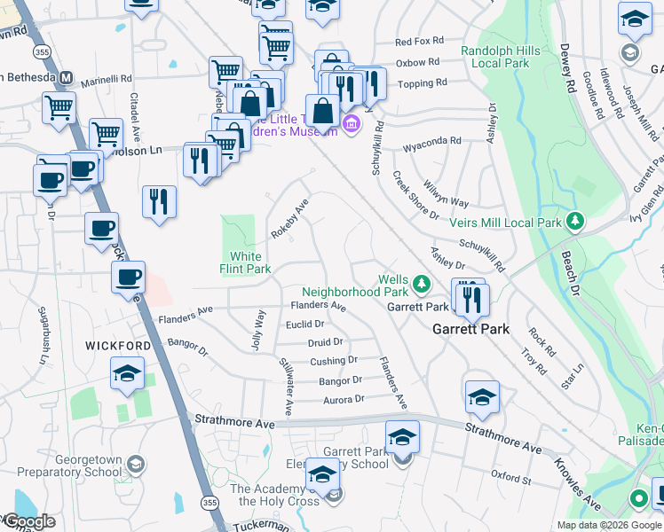 map of restaurants, bars, coffee shops, grocery stores, and more near 11215 Waycross Way in Kensington