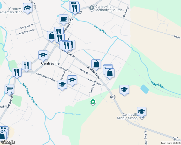map of restaurants, bars, coffee shops, grocery stores, and more near 123 Price Street in Centreville