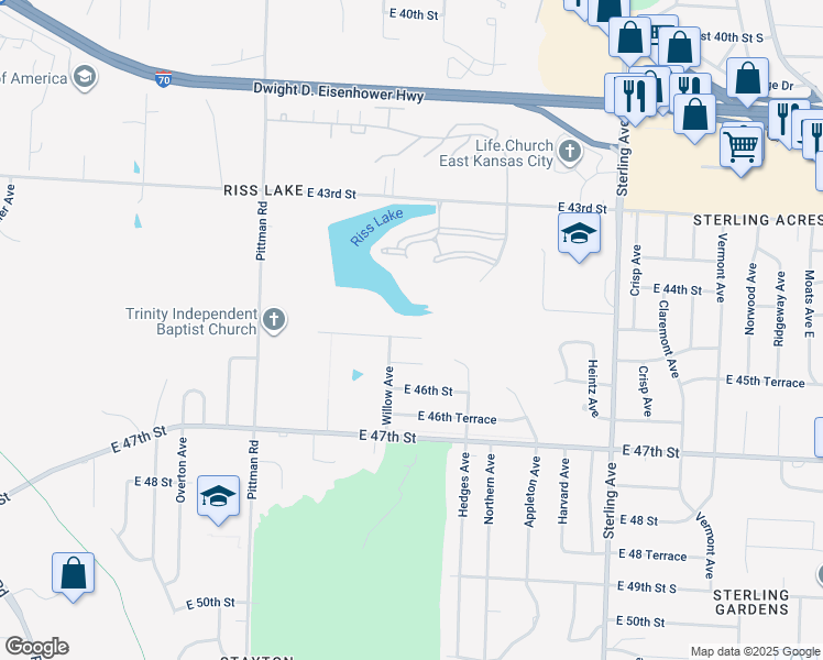 map of restaurants, bars, coffee shops, grocery stores, and more near 10526 East 45th Terrace in Kansas City