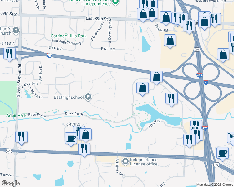 map of restaurants, bars, coffee shops, grocery stores, and more near 4405 South Atherton Court in Independence