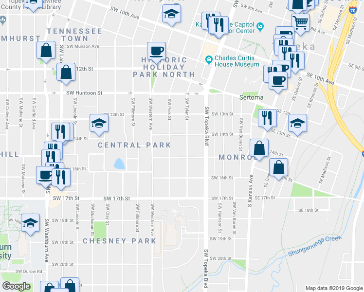 map of restaurants, bars, coffee shops, grocery stores, and more near 1421 Southwest Tyler Street in Topeka