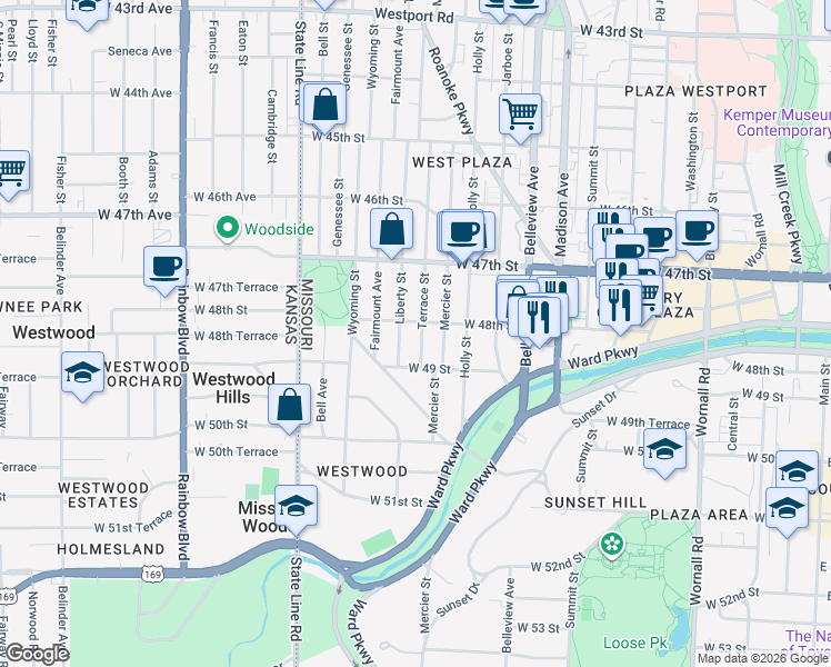 map of restaurants, bars, coffee shops, grocery stores, and more near 4808 Terrace Street in Kansas City