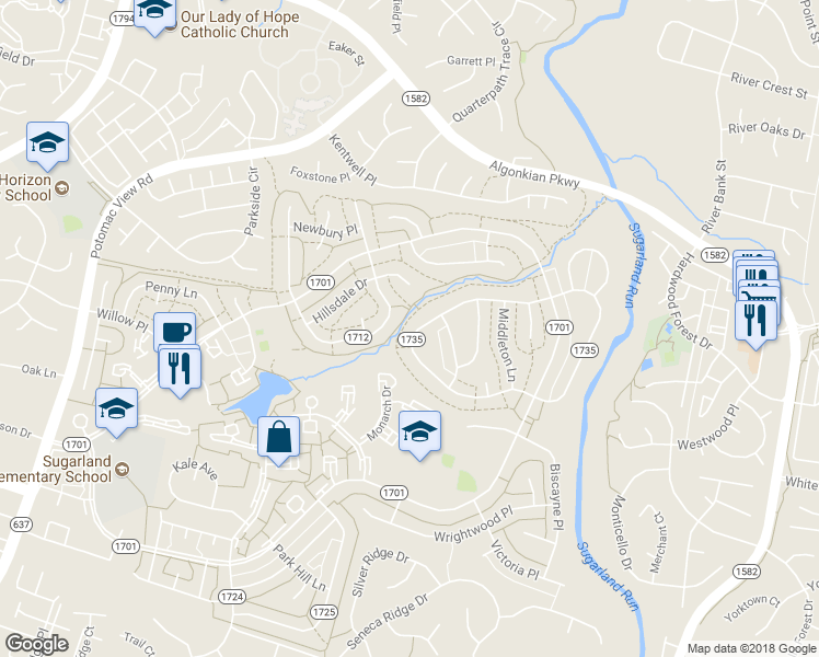 map of restaurants, bars, coffee shops, grocery stores, and more near 244 West Meadowland Lane in Sterling