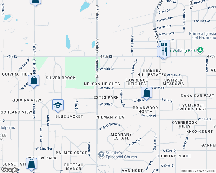 map of restaurants, bars, coffee shops, grocery stores, and more near 4837 Reeder Street in Shawnee