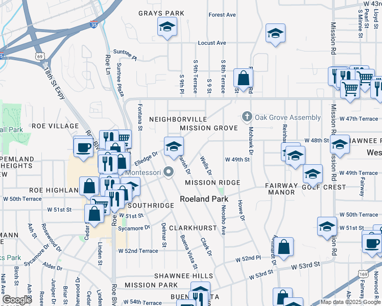 map of restaurants, bars, coffee shops, grocery stores, and more near 4124 West 48th Street in Roeland Park