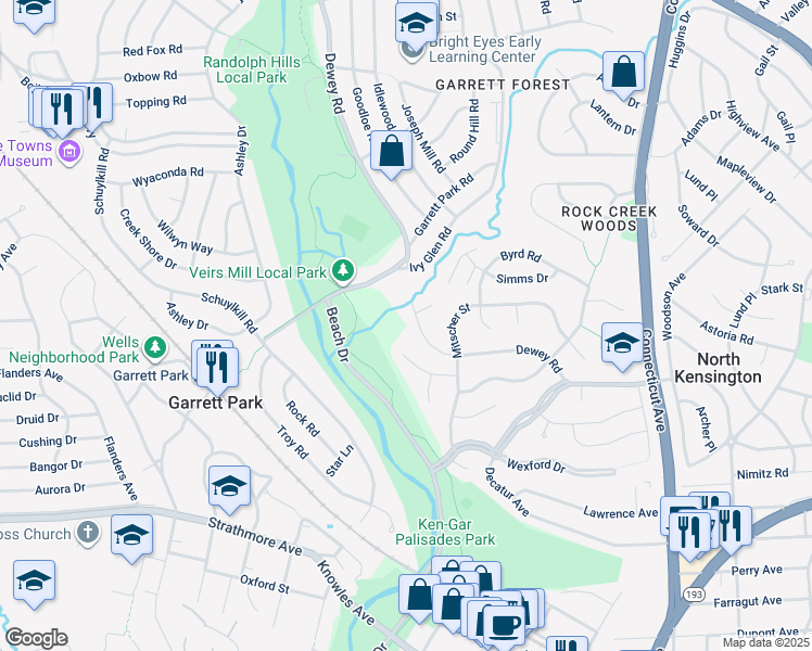 map of restaurants, bars, coffee shops, grocery stores, and more near 11222 Dewey Road in Kensington