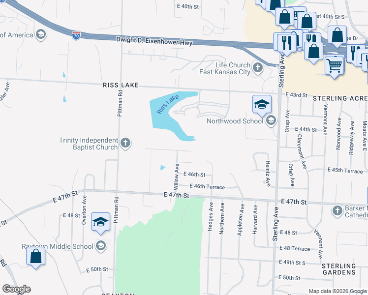 map of restaurants, bars, coffee shops, grocery stores, and more near 10502 East 45th Terrace in Kansas City