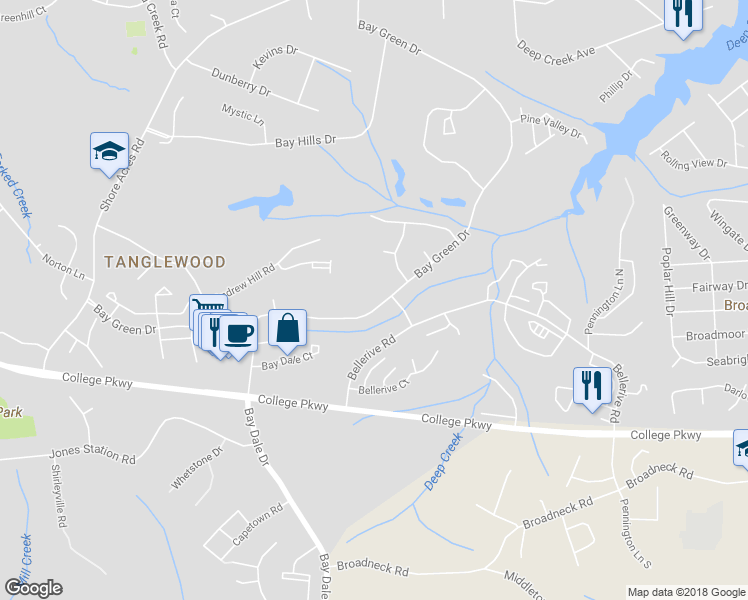 map of restaurants, bars, coffee shops, grocery stores, and more near 530 Bay Green Drive in Arnold