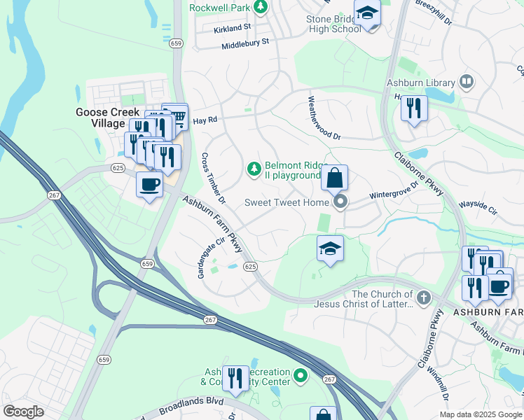 map of restaurants, bars, coffee shops, grocery stores, and more near 42966 Farmingdale Drive in Ashburn