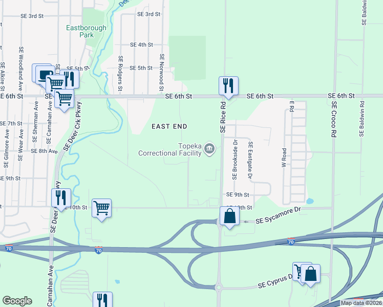 map of restaurants, bars, coffee shops, grocery stores, and more near 815 Southeast Rice Road in Topeka