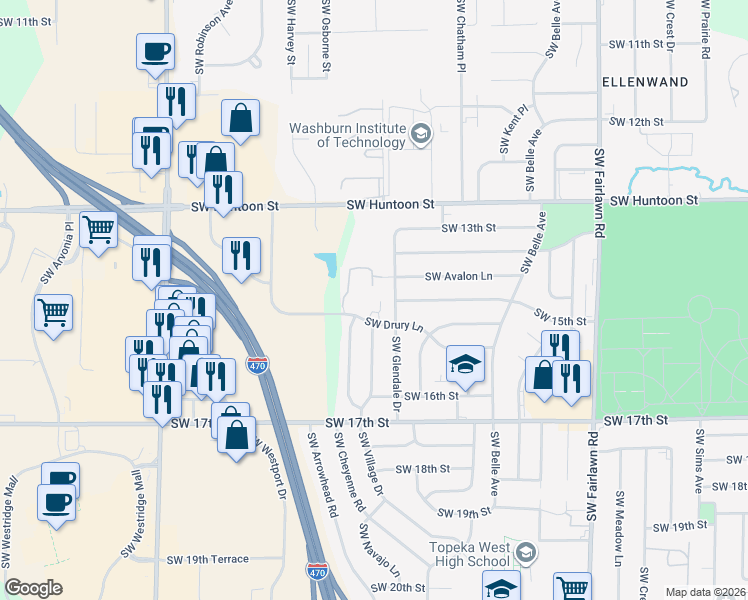 map of restaurants, bars, coffee shops, grocery stores, and more near 5800 Southwest Drury Lane in Topeka