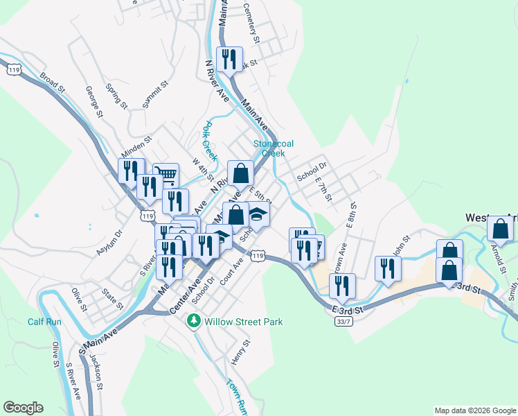map of restaurants, bars, coffee shops, grocery stores, and more near 412 Center Ave in Weston