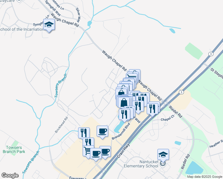 map of restaurants, bars, coffee shops, grocery stores, and more near 1066 Red Clover Road in Gambrills