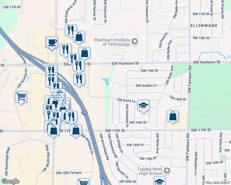 map of restaurants, bars, coffee shops, grocery stores, and more near 5820 Southwest Drury Lane in Topeka