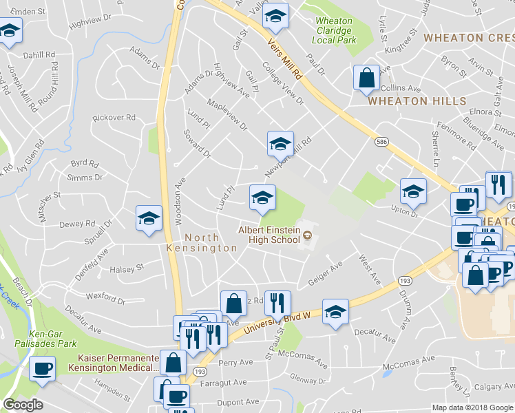 map of restaurants, bars, coffee shops, grocery stores, and more near 11206 Newport Mill Rd in Kensington