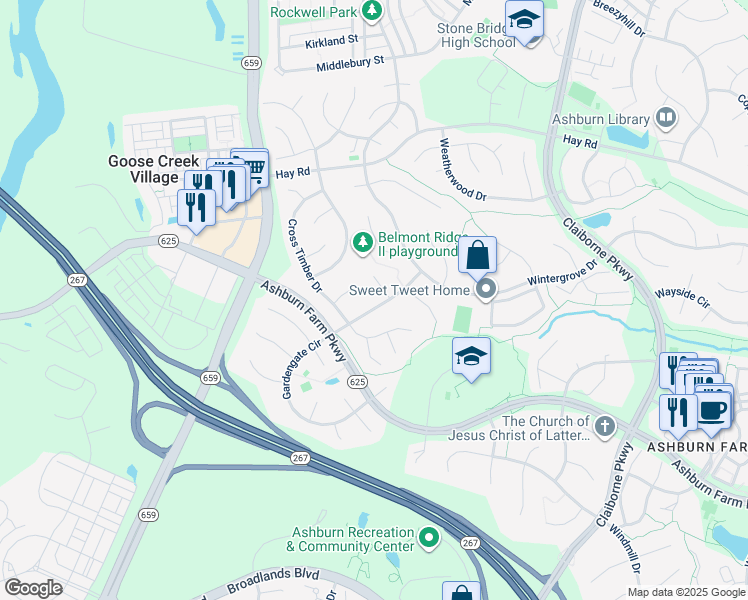 map of restaurants, bars, coffee shops, grocery stores, and more near 42966 Farmingdale Drive in Ashburn