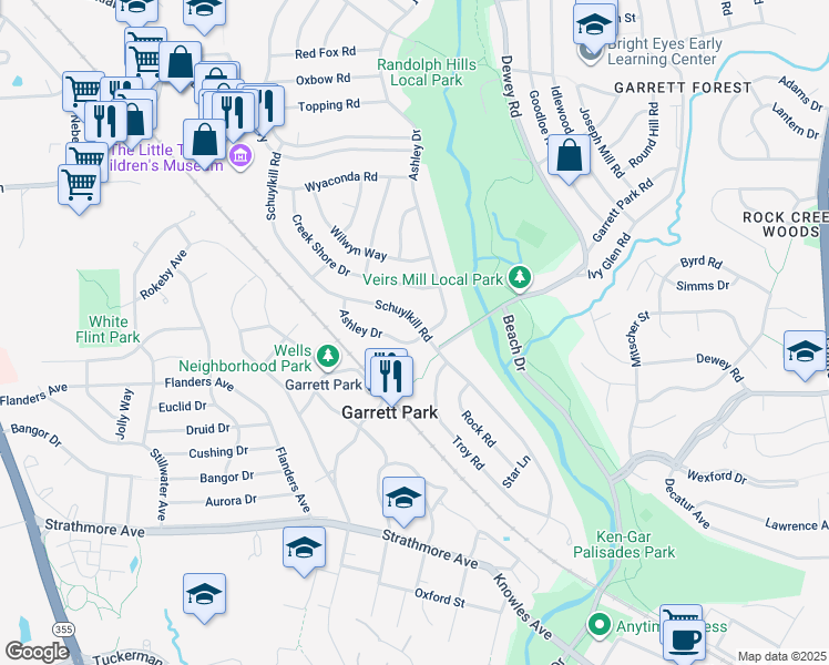 map of restaurants, bars, coffee shops, grocery stores, and more near 11300 Schuylkill Road in Rockville