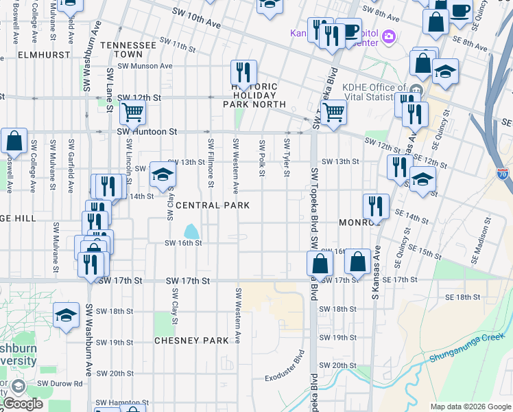 map of restaurants, bars, coffee shops, grocery stores, and more near 1421 Southwest Polk Street in Topeka