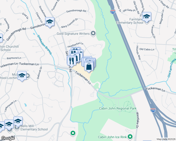 map of restaurants, bars, coffee shops, grocery stores, and more near 7825 Tuckerman Lane in Potomac