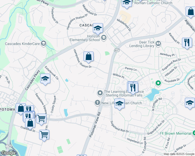 map of restaurants, bars, coffee shops, grocery stores, and more near 46627 Oakhurst Court in Sterling