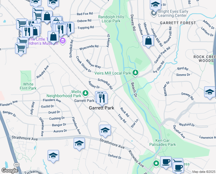 map of restaurants, bars, coffee shops, grocery stores, and more near 11300 Schuylkill Road in Rockville