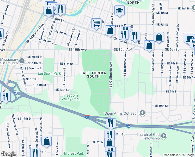 map of restaurants, bars, coffee shops, grocery stores, and more near 1601 Southeast 10th Avenue in Topeka