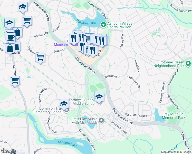 map of restaurants, bars, coffee shops, grocery stores, and more near 44155 Allderwood Terrace in Ashburn