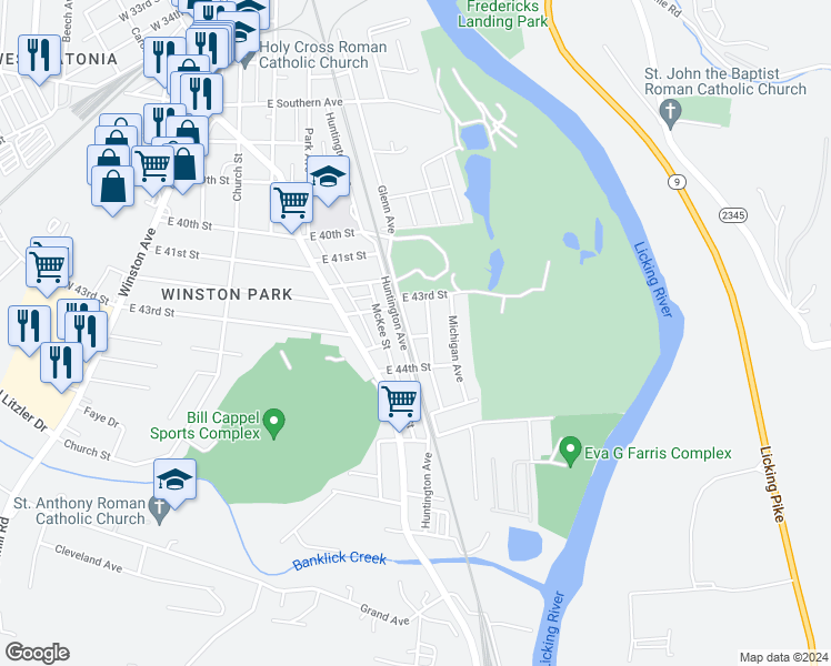 map of restaurants, bars, coffee shops, grocery stores, and more near 4330 Glenn Avenue in Covington