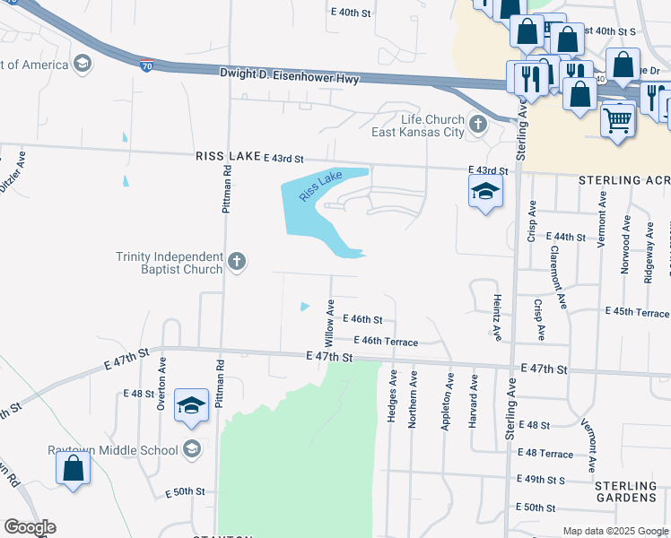 map of restaurants, bars, coffee shops, grocery stores, and more near 10500 East 45th Terrace in Kansas City
