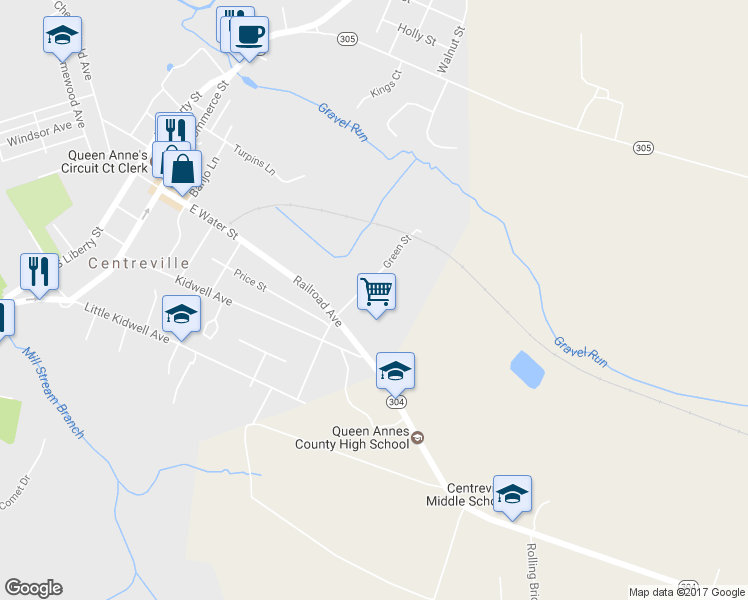 map of restaurants, bars, coffee shops, grocery stores, and more near 615 Railroad Avenue in Centreville