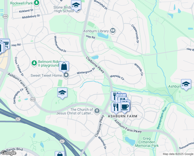 map of restaurants, bars, coffee shops, grocery stores, and more near 43253 Clearnight Terrace in Ashburn