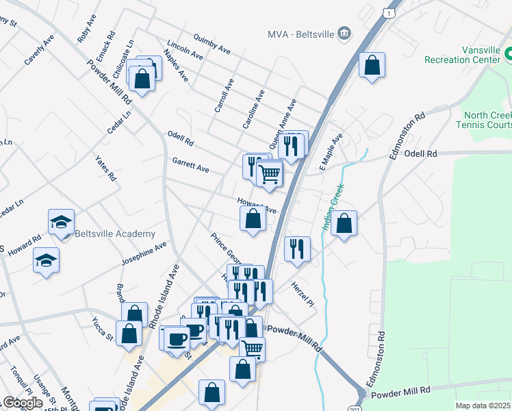 map of restaurants, bars, coffee shops, grocery stores, and more near 5006 Howard Avenue in Beltsville