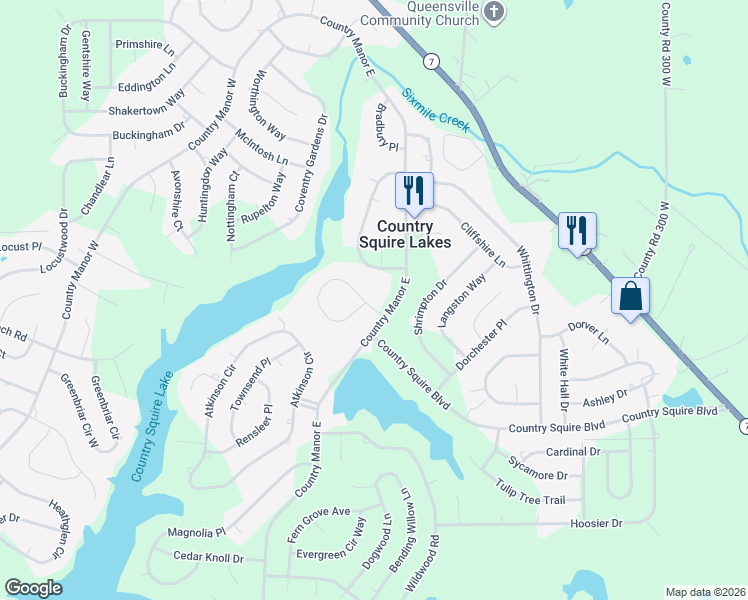 map of restaurants, bars, coffee shops, grocery stores, and more near 3378 Rothshire Circle in North Vernon