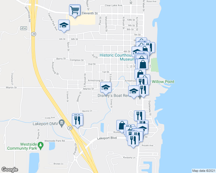 map of restaurants, bars, coffee shops, grocery stores, and more near 606 Martin Street in Lakeport
