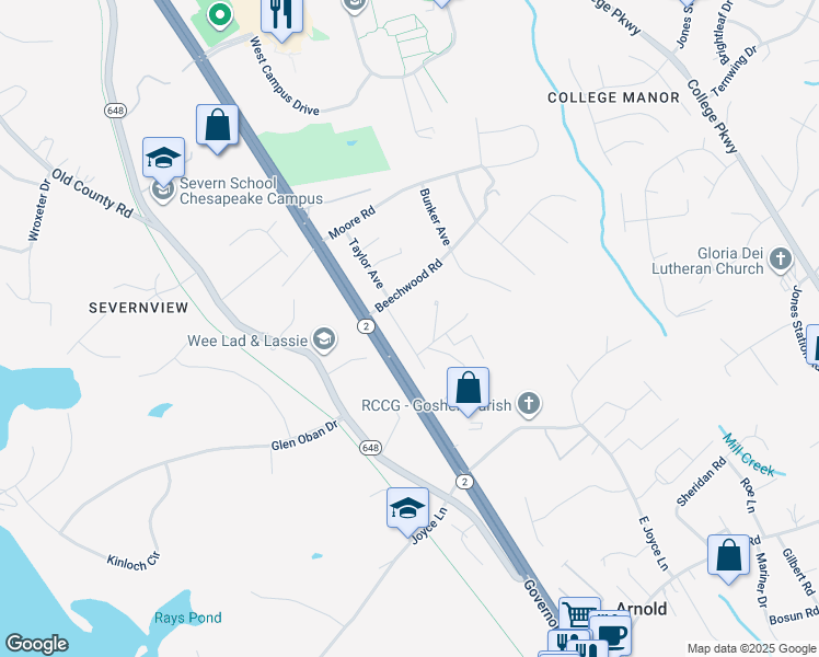 map of restaurants, bars, coffee shops, grocery stores, and more near 1247 Dogwood Road in Arnold